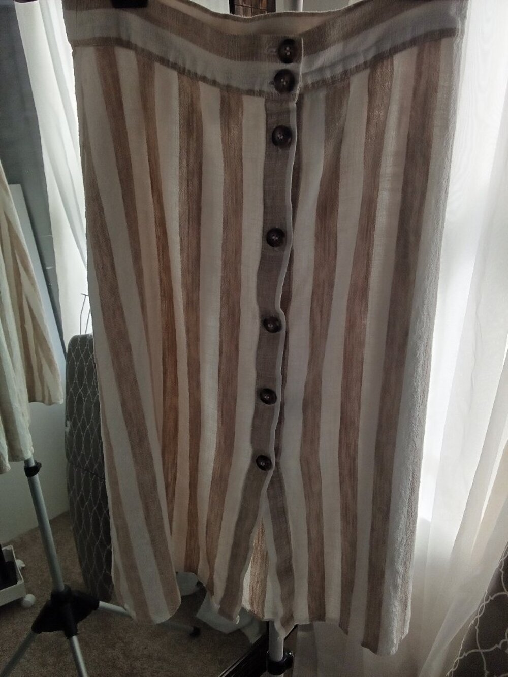 H&M linen blend khaki and white striped button down skirt size 8
